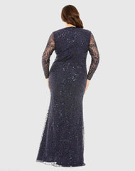 Navy Long Sleeve Mesh Embellished Gown