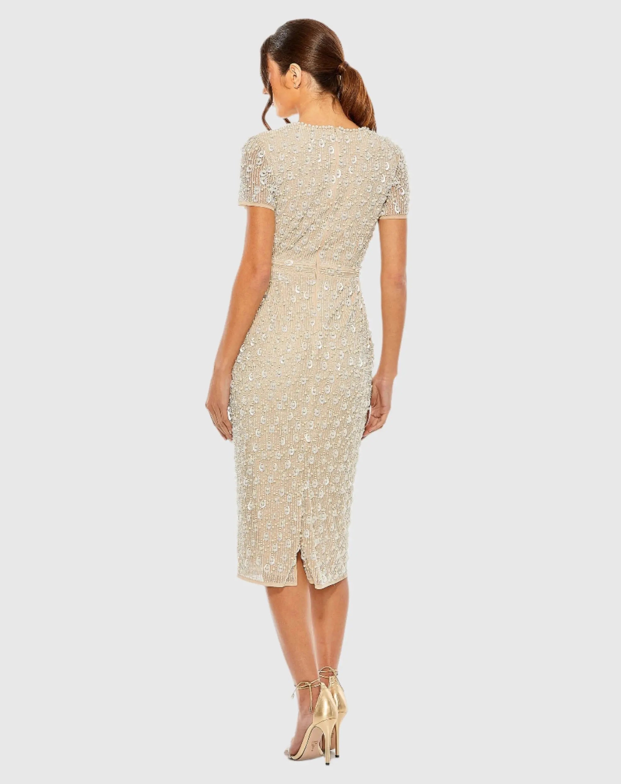 Beige High Neck Short Sleeve Embellished Midi Sheath Dress