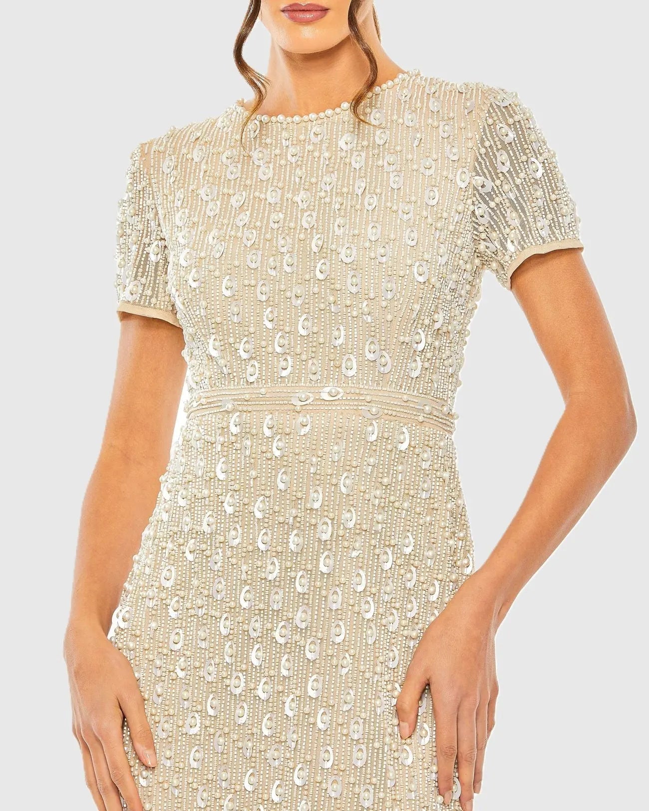 Beige High Neck Short Sleeve Embellished Midi Sheath Dress