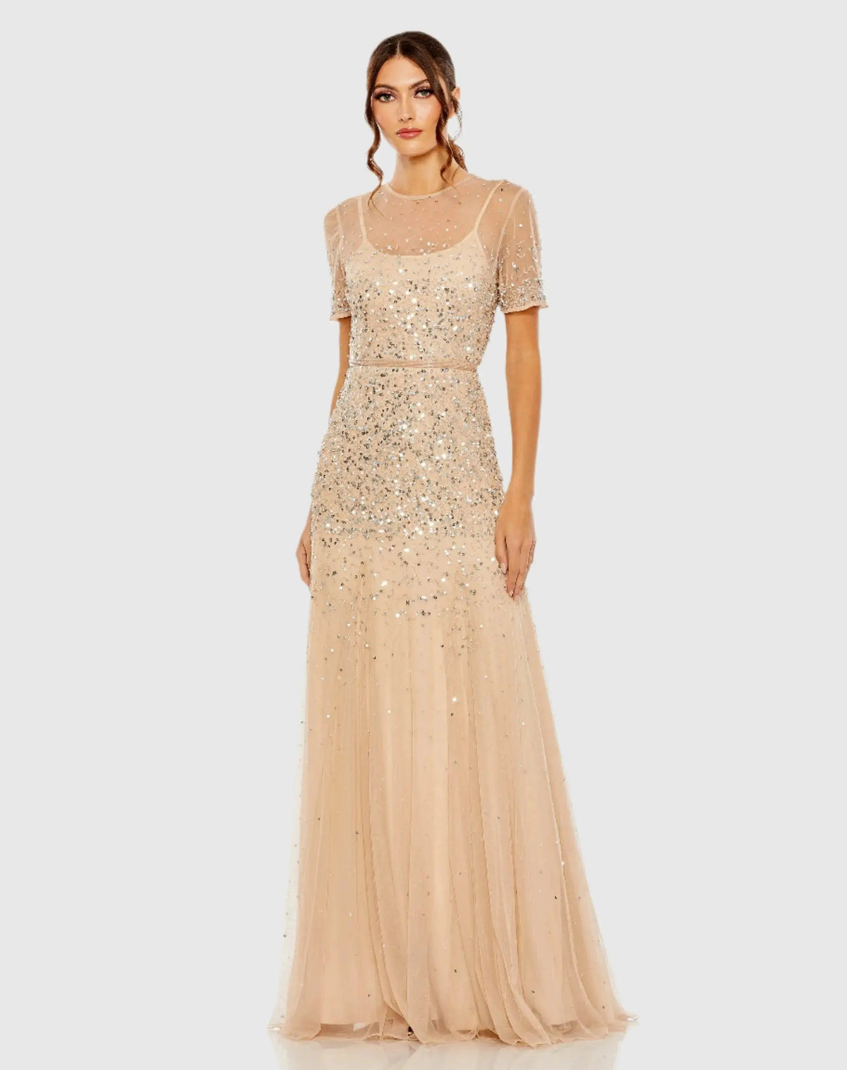 Gold High Neck Short Sleeve Sequin Embellished Gown