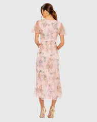 Pink Printed Mesh Flutter Sleeve Faux Wrap Midi Dress
