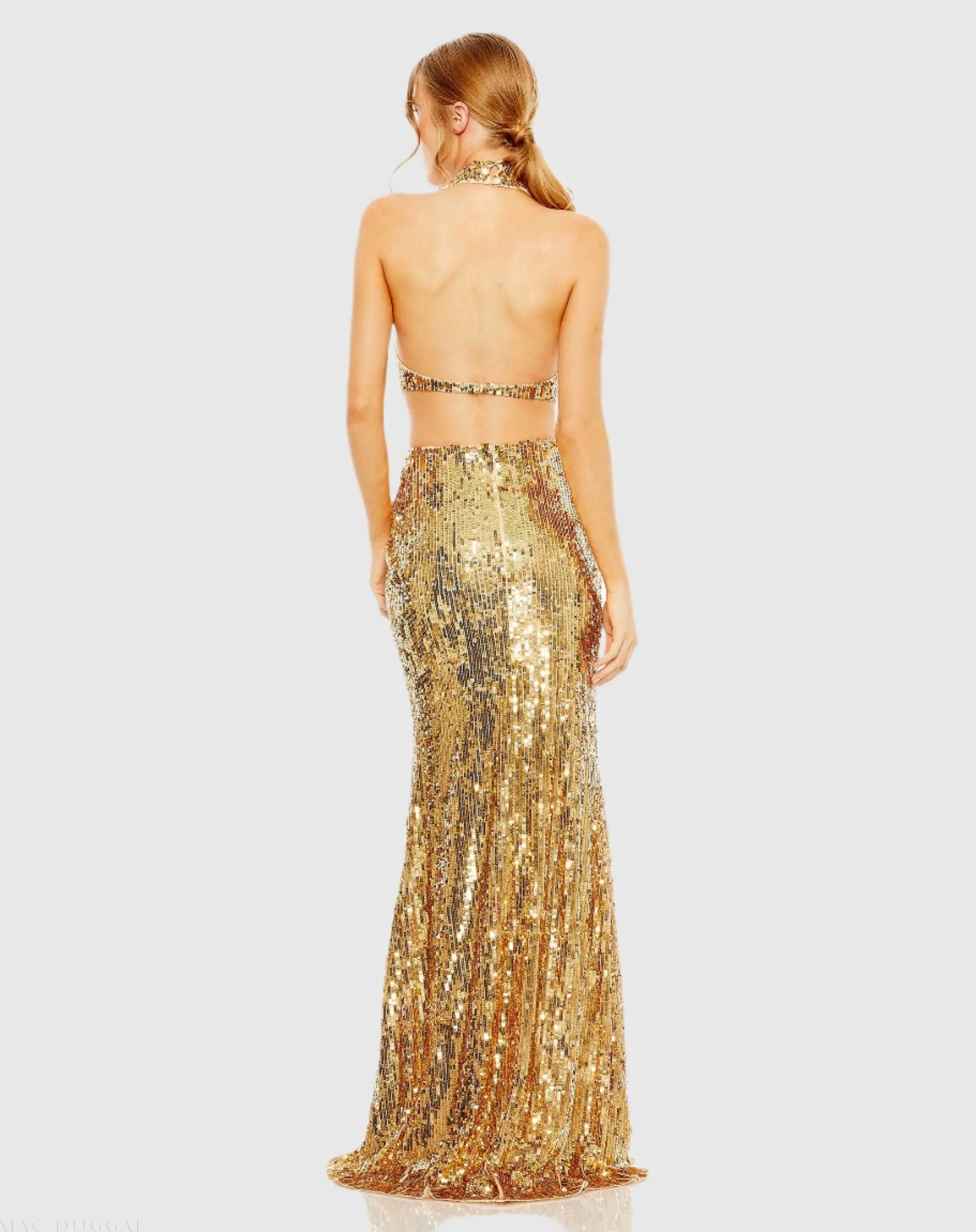 Gold Open Back High Neck Sequin Gown