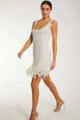 White Pearl Beaded Square Neck Mini Dress