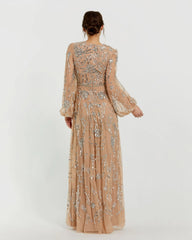 Beige Embellished High Neck Puff Sleeve Gown
