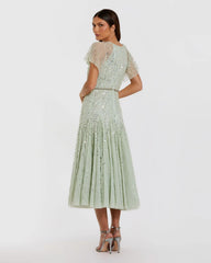 Green Embellished Bow Flutter Sleeve A Line Midi Dress