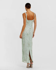Green Beaded Mesh Scoop Neck Fitted Gown With Bows