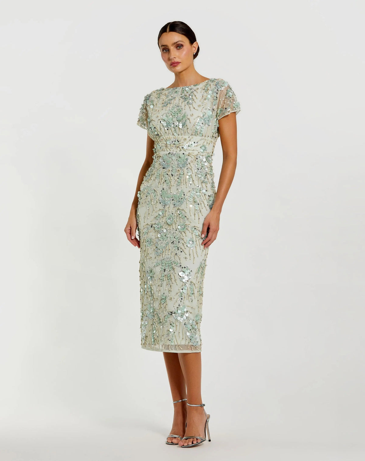 Green Embellished Mesh Fitted Cap Sleeve Cocktail Dress