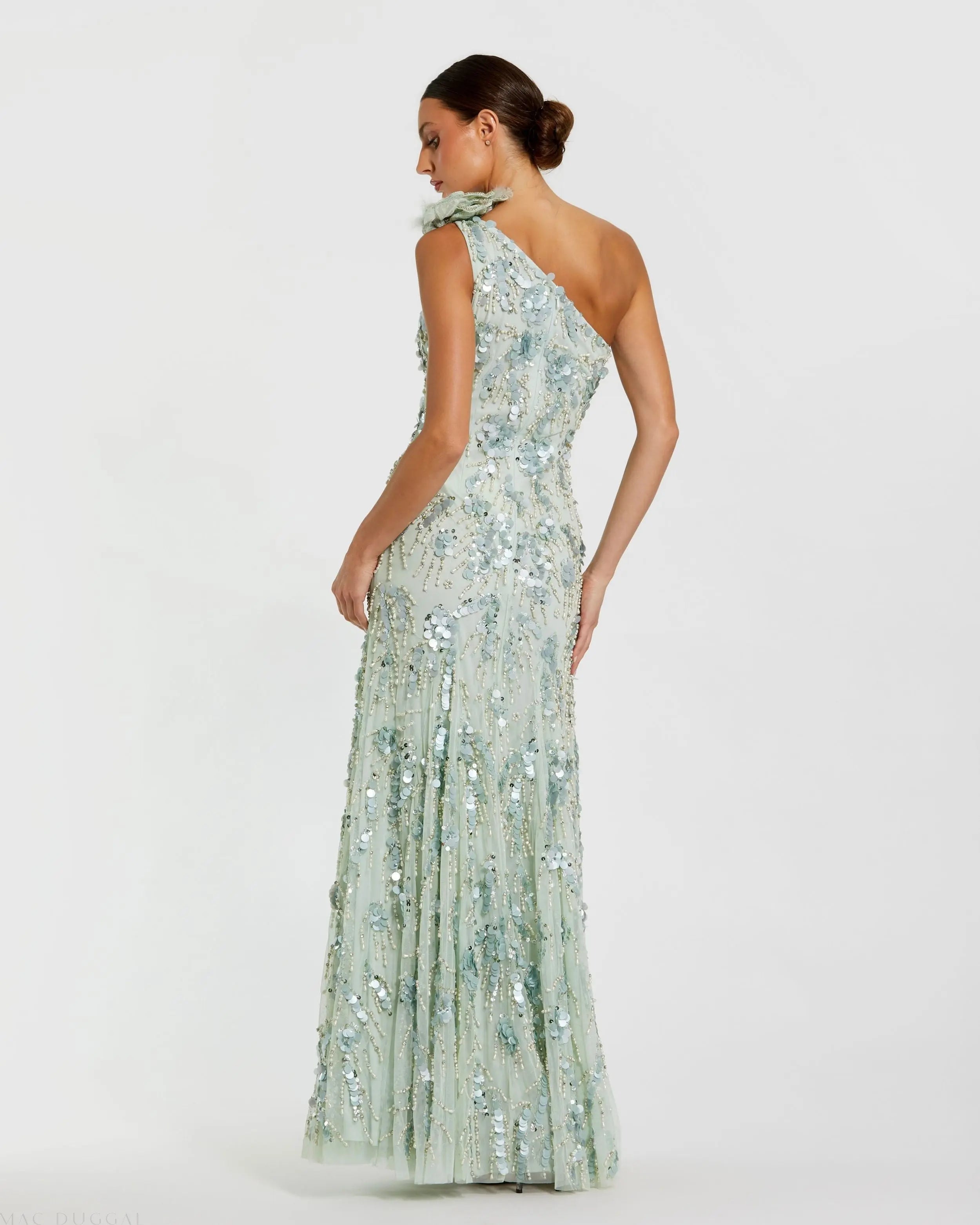 Green Embellished One Shoulder Trumpet Gown with Flower
