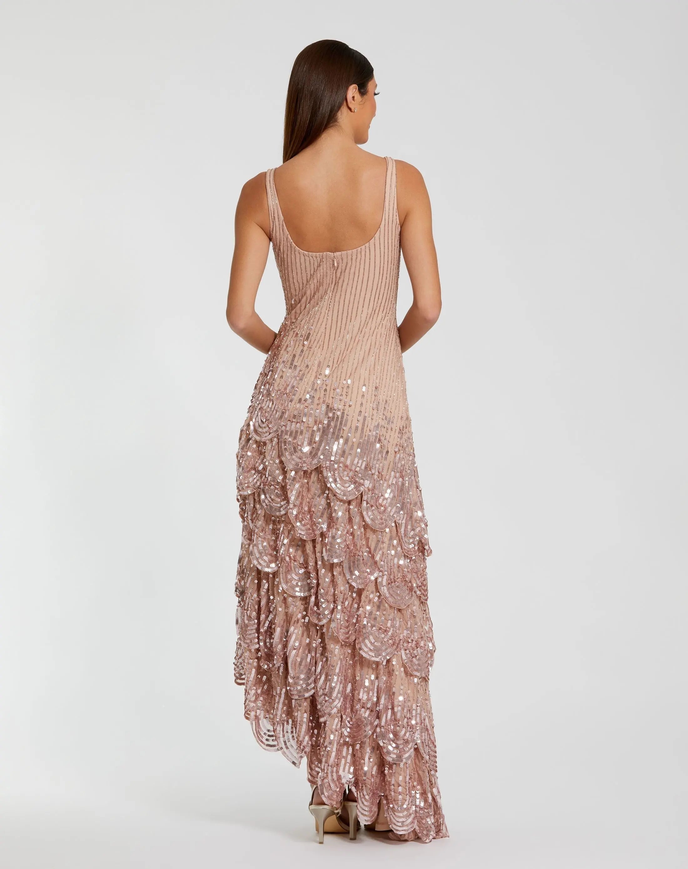 Pink Asymmetrical Scallop Hem Embellished Dress
