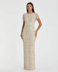 Ivory Floral Embellished Mesh Fitted Column Gown