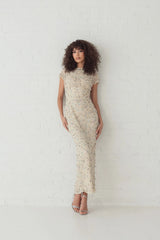 Ivory Floral Embellished Mesh Fitted Column Gown