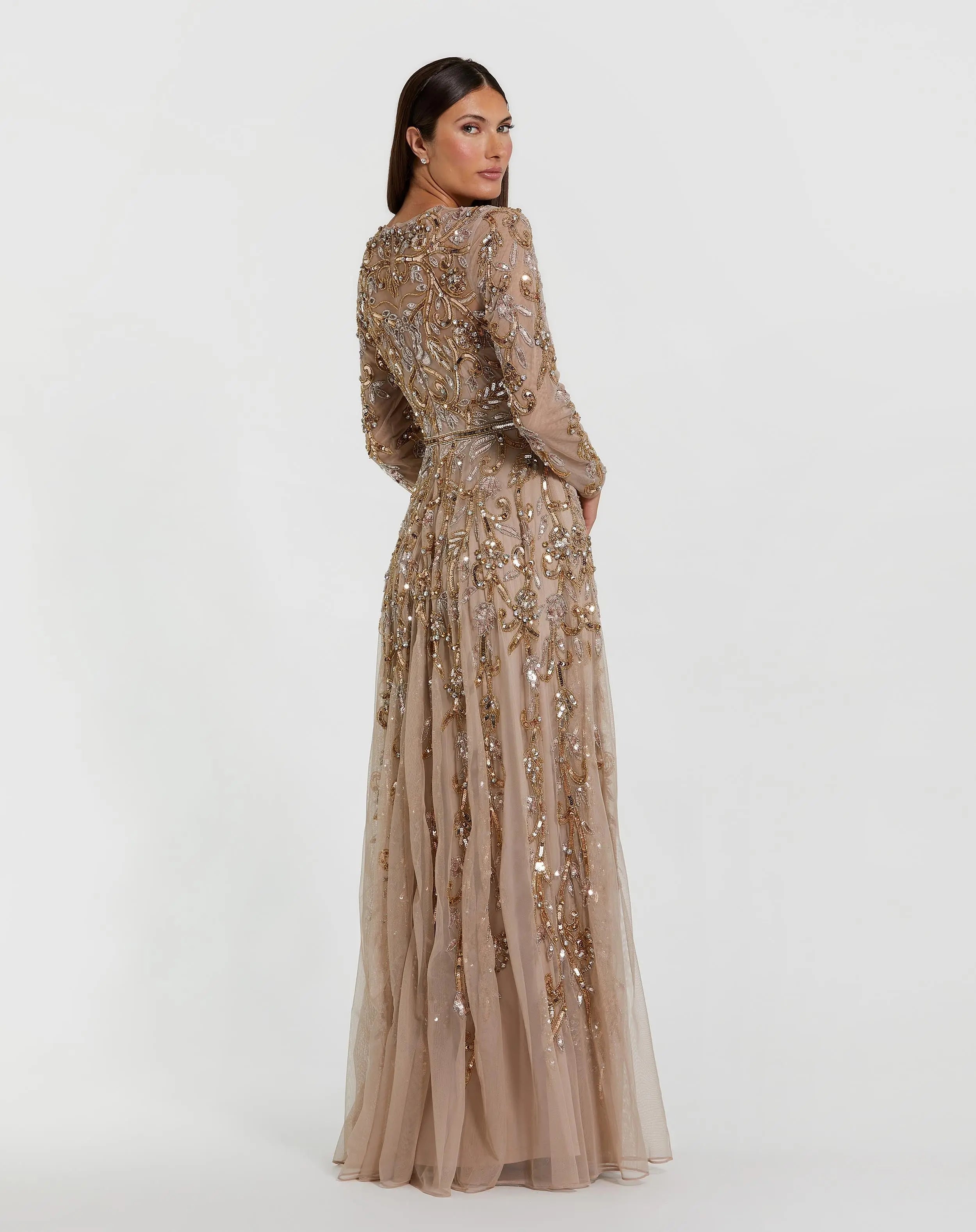 Beige Long Sleeve Hand Embellished Gown