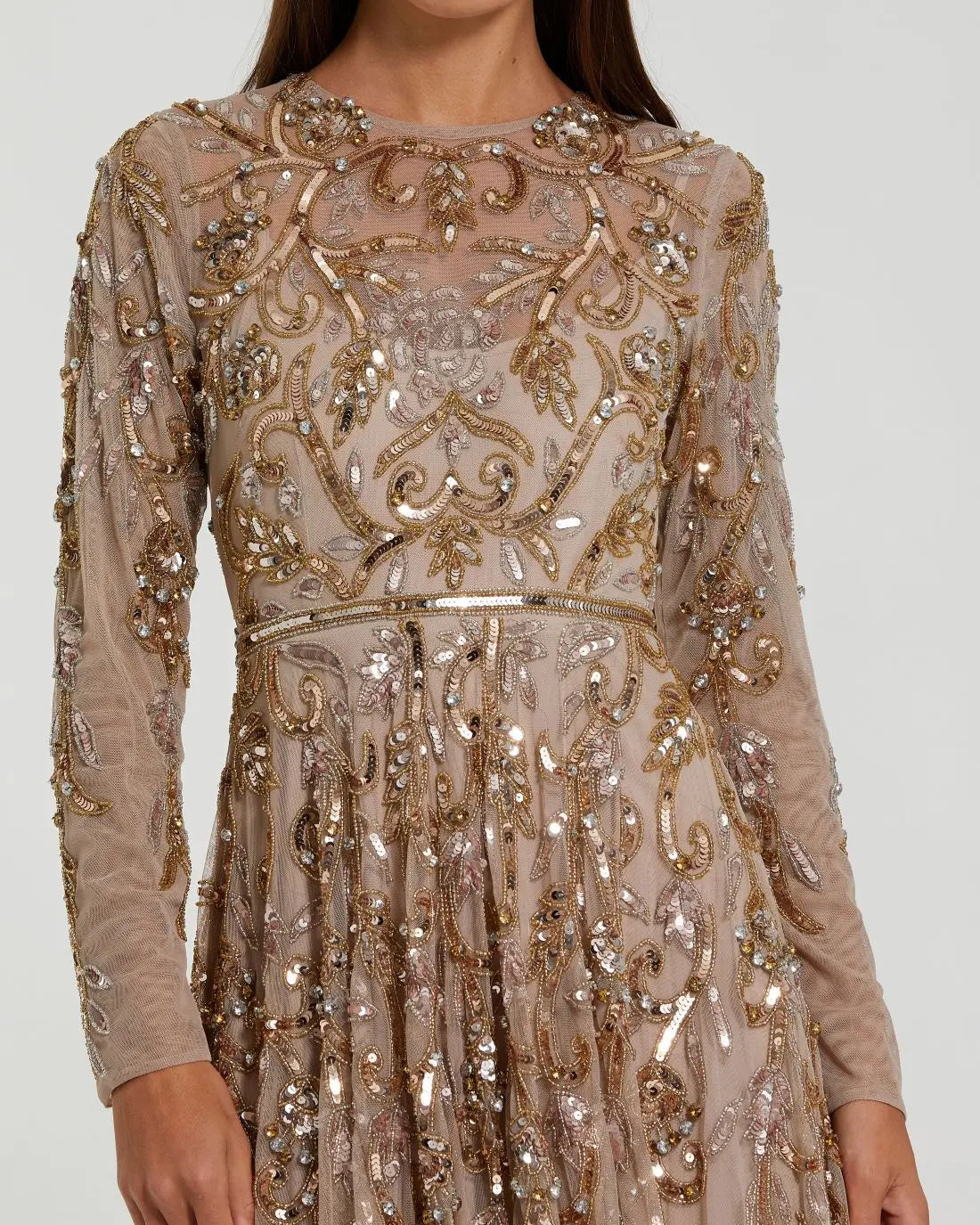 Beige Long Sleeve Hand Embellished Gown