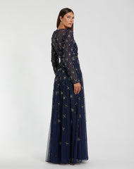 Navy Long Sleeve Crystal Embellished Evening Gown