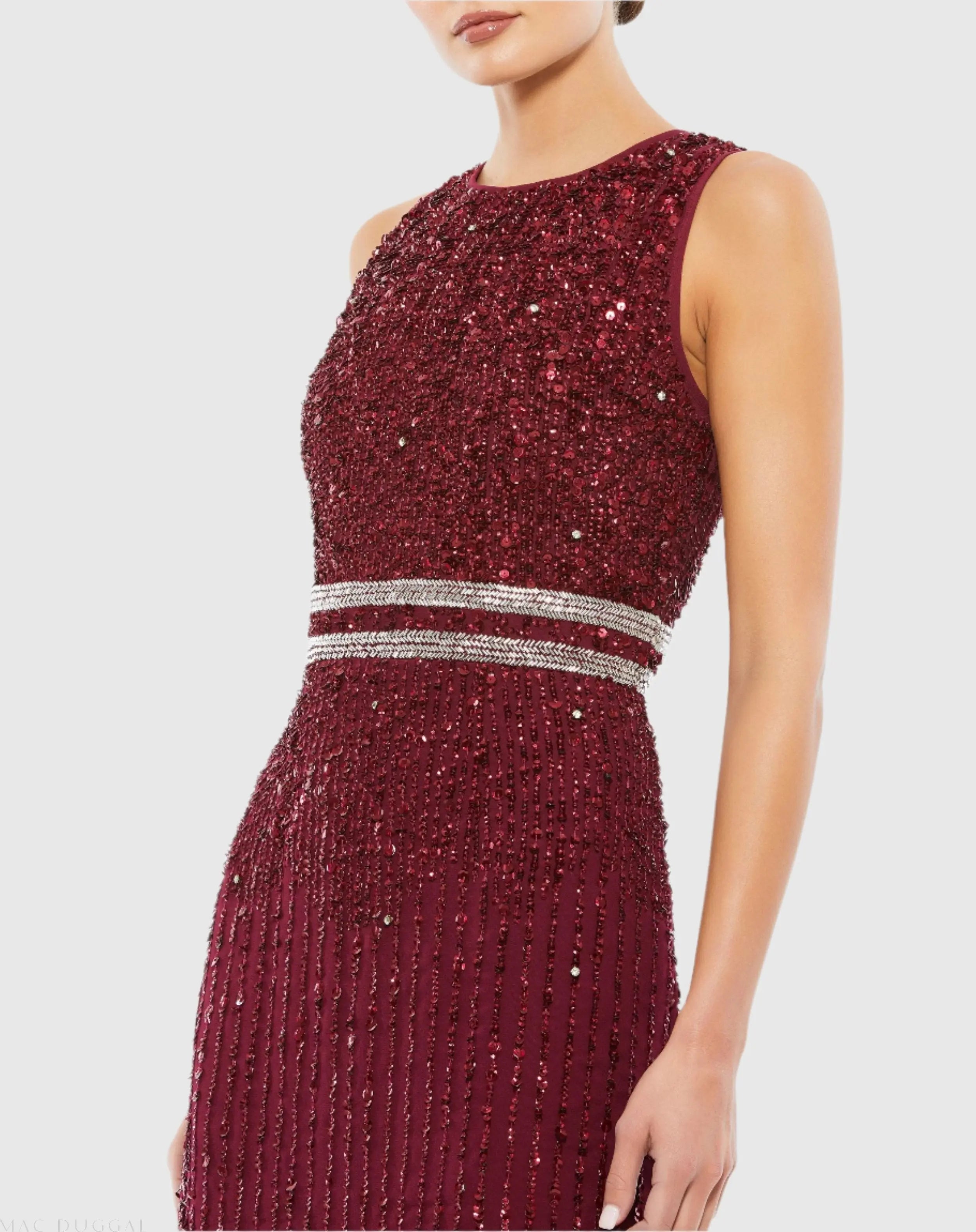 Dark Red Sleeveless High Neck Beaded Midi Sheath Dress