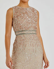 Nude Sleeveless High Neck Beaded Midi Sheath Dress