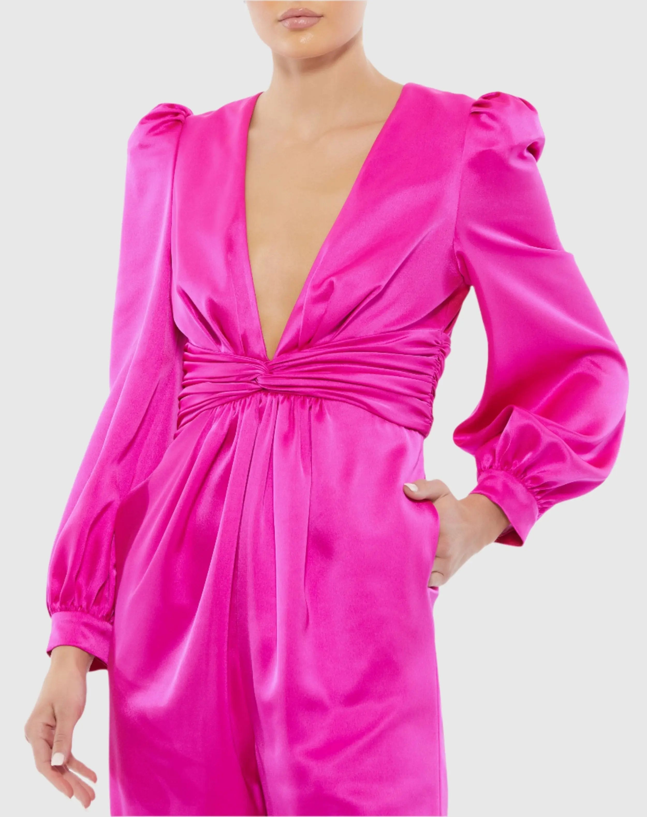 Pink Front Twist Puff Sleeve Deep V Jumpsuit