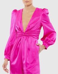 Pink Front Twist Puff Sleeve Deep V Jumpsuit