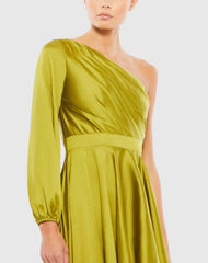 Green High Low One Shoulder Flowy Gown
