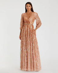 Pink Sequined Wrap Over 3/4 Sleeve Gown