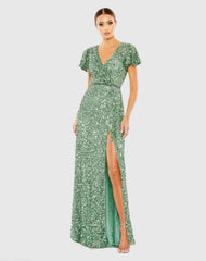 Green Sequined Wrap Over Butterfly Sleeve Draped Gown