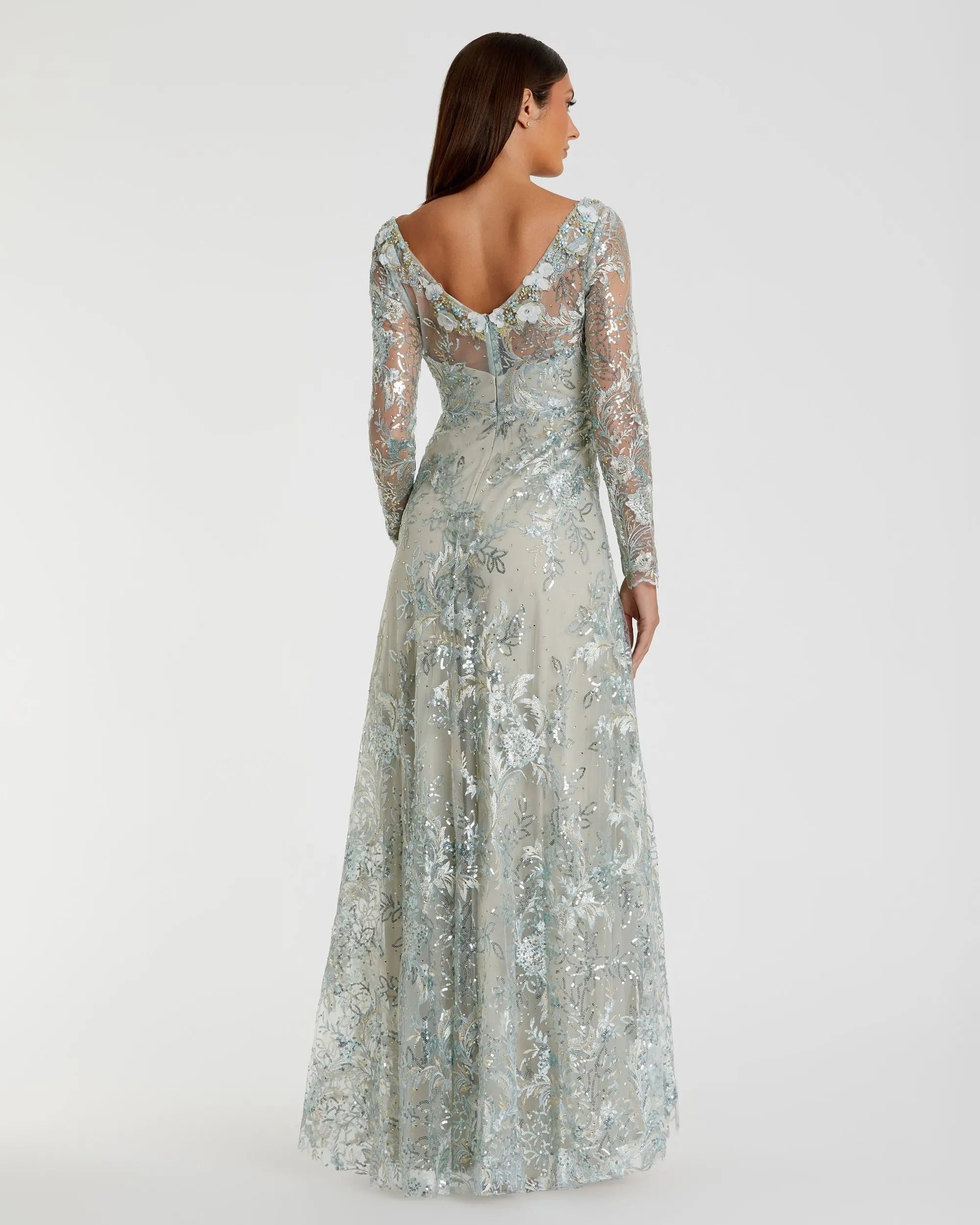 Green Floral Embroidered Illusion Long Sleeve Gown