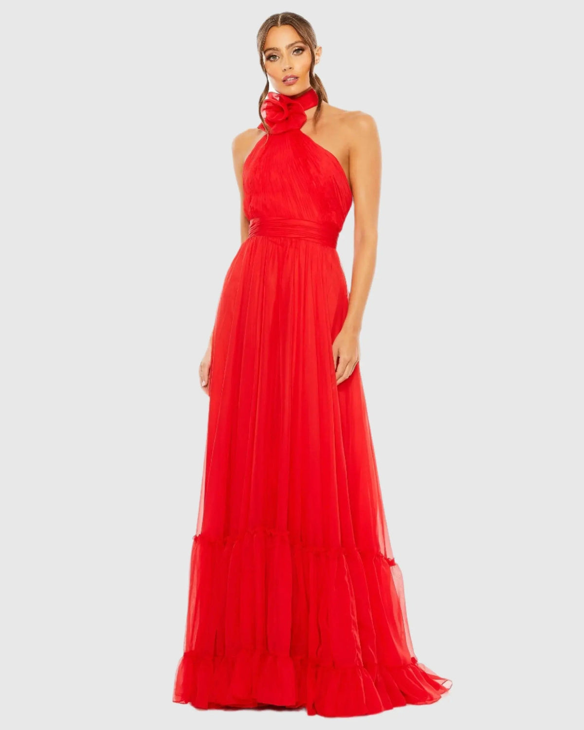 Red Asymmetrical Halter Neck Tiered A Line Gown