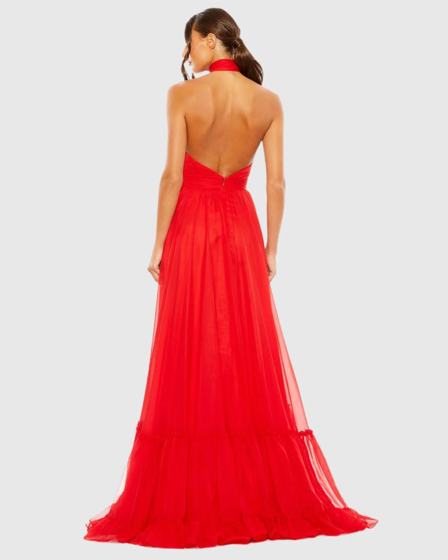 Red Asymmetrical Halter Neck Tiered A Line Gown