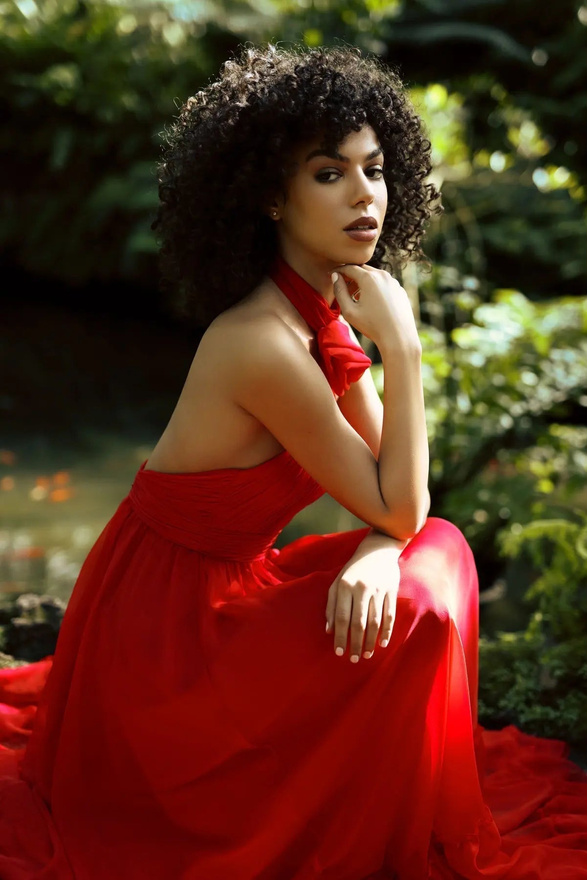 Red Asymmetrical Halter Neck Tiered A Line Gown