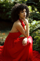 Red Asymmetrical Halter Neck Tiered A Line Gown