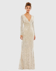 Beige Sequined Faux Wrap Long Sleeve Column Gown