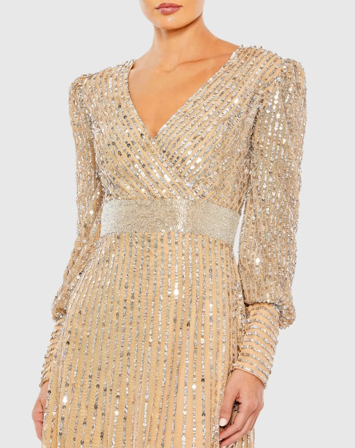 Beige Sequined Wrap Over Bishop Sleeve Gown