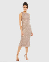 Beige Sleeveless Sequined Midi Sheath Dress - FINAL SALE