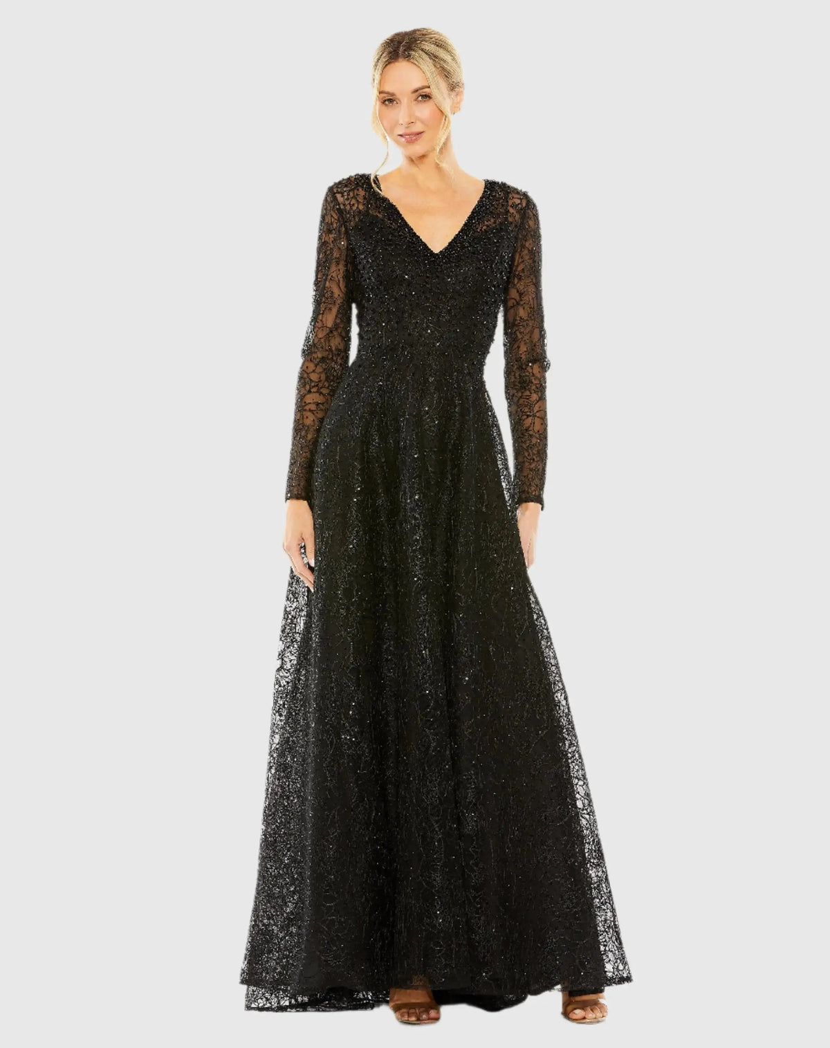 Black Crystal Embellished Long Sleeve V Neck Gown
