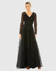 Black Crystal Embellished Long Sleeve V Neck Gown