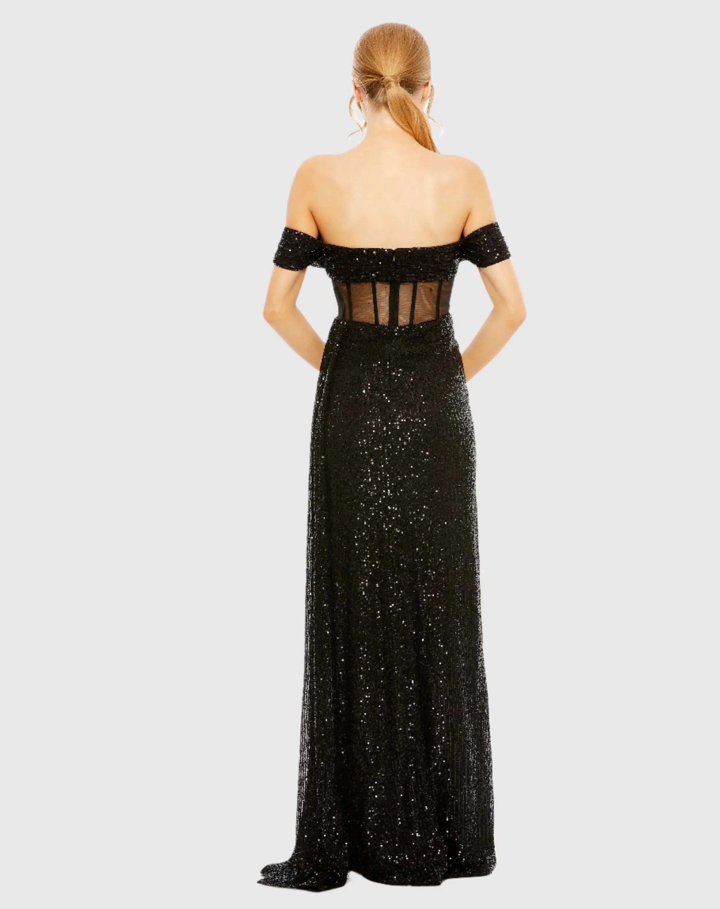 Black Off-the-Shoulder Sequined Corset Gown with Slit