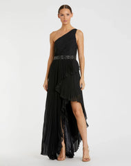 Pleated One Shoulder Asymmetrical Ruffle Hem Gown