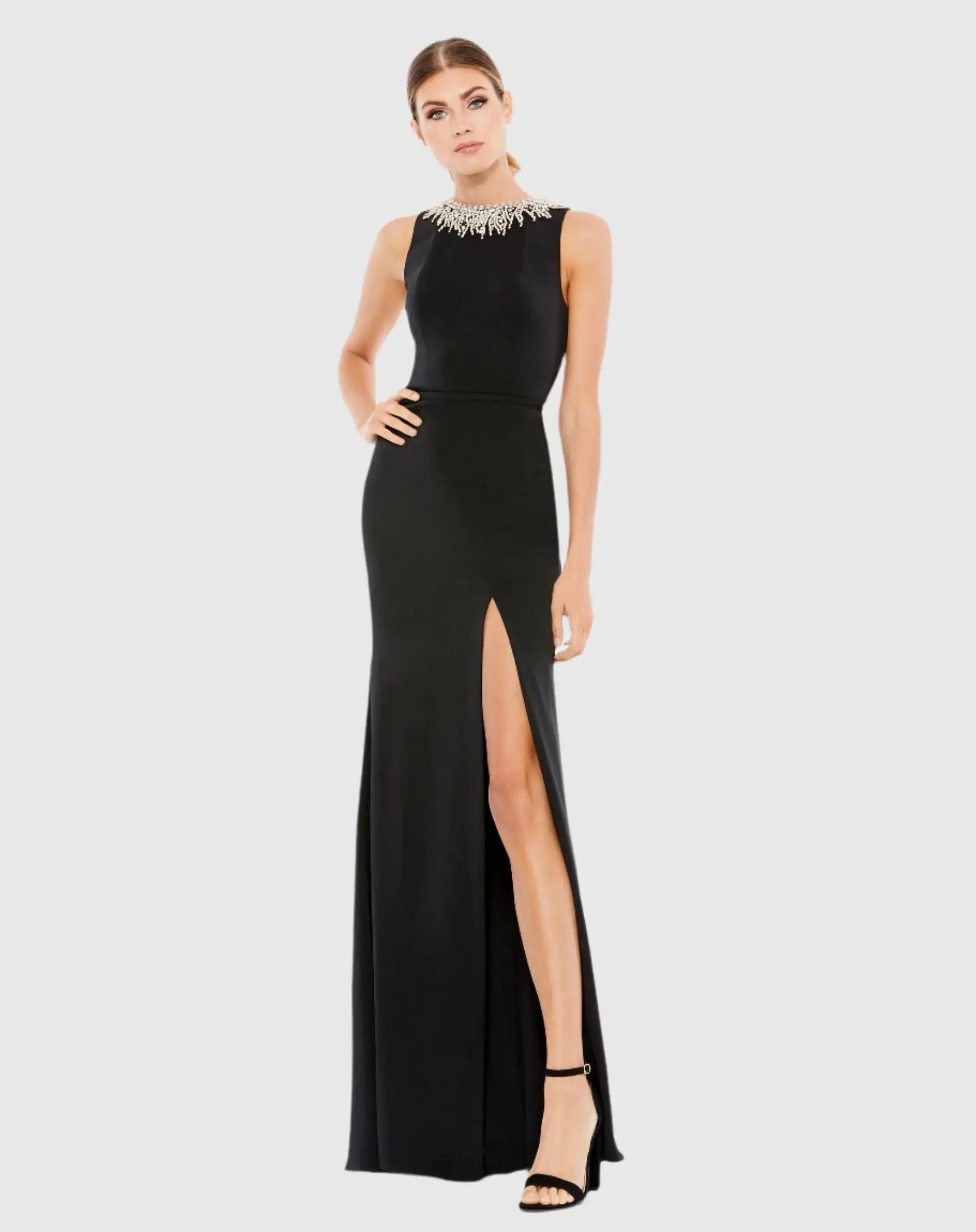 Sleeveless Rhinestone Collar Column Gown