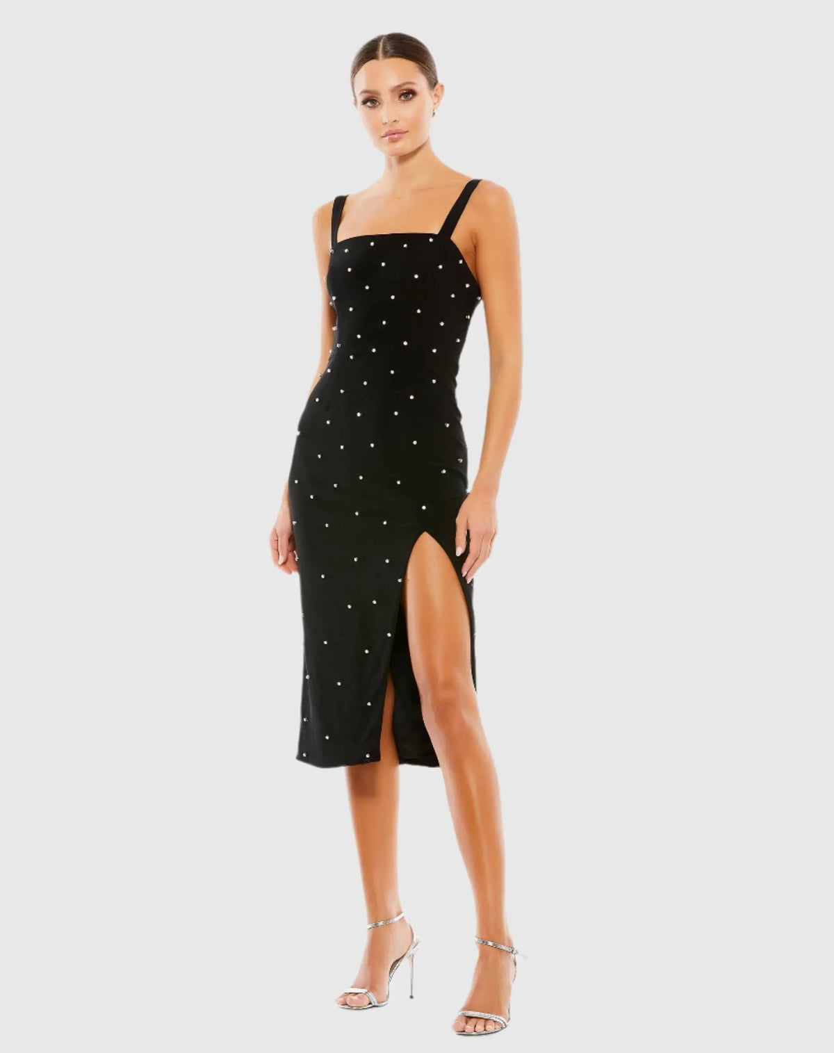 Black Sleeveless Rhinestone Encrusted Square Neck Midi Dress