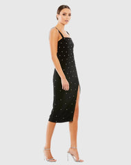 Black Sleeveless Rhinestone Encrusted Square Neck Midi Dress