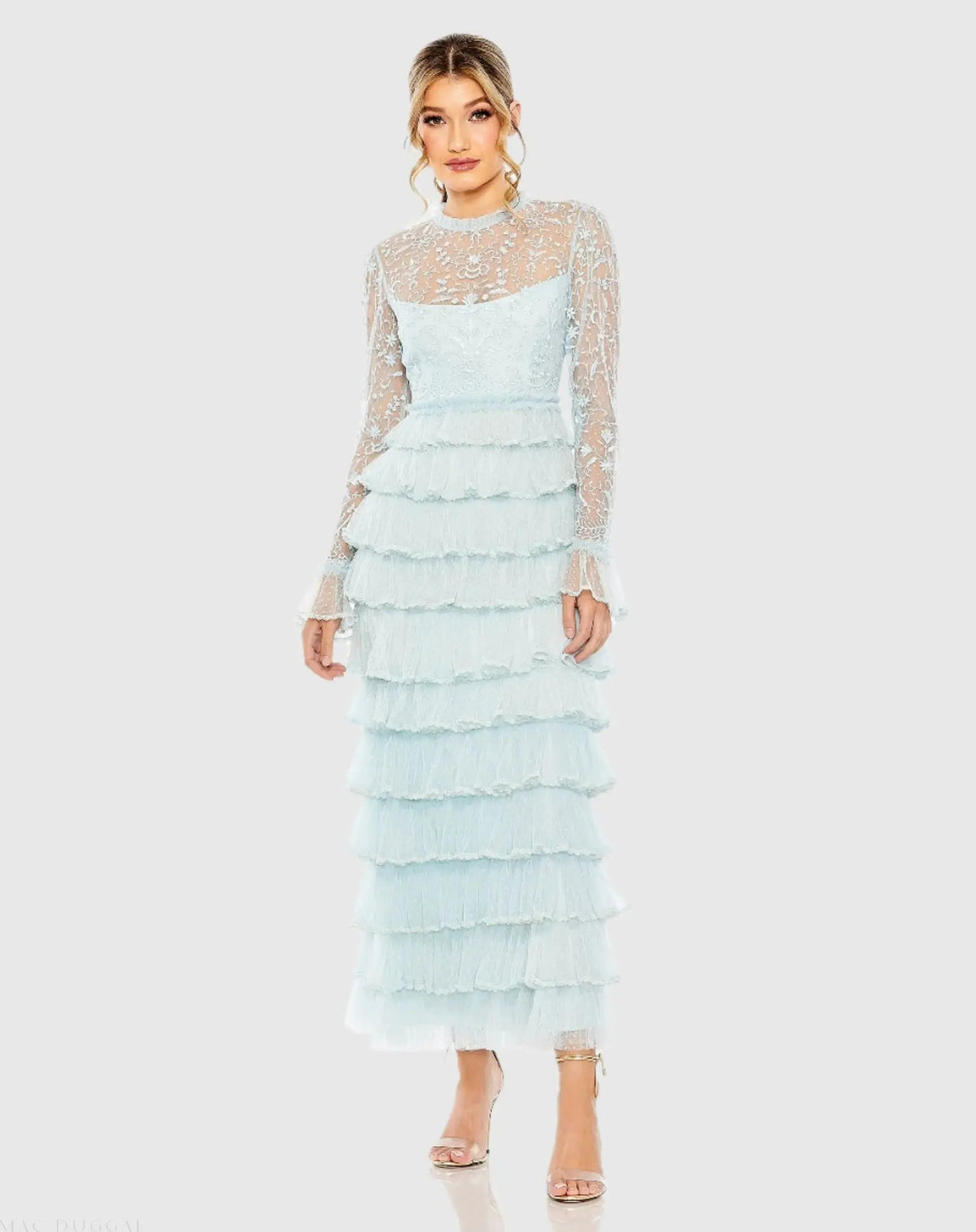 Embroidered Long Sleeve Ruffled Tiered Dress