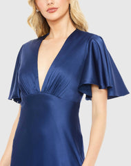 Blue Flounce Sleeve V-Neck Trumpet Gown