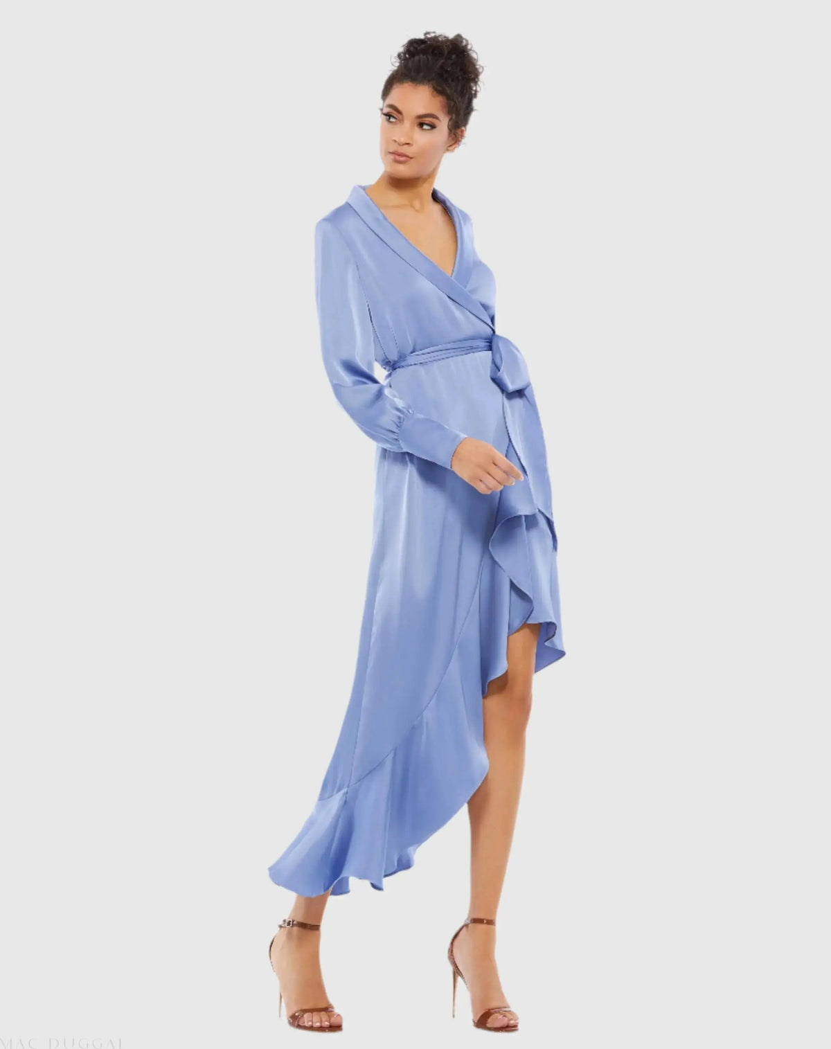 Blue Long Sleeve Faux Wrap Midi Dress