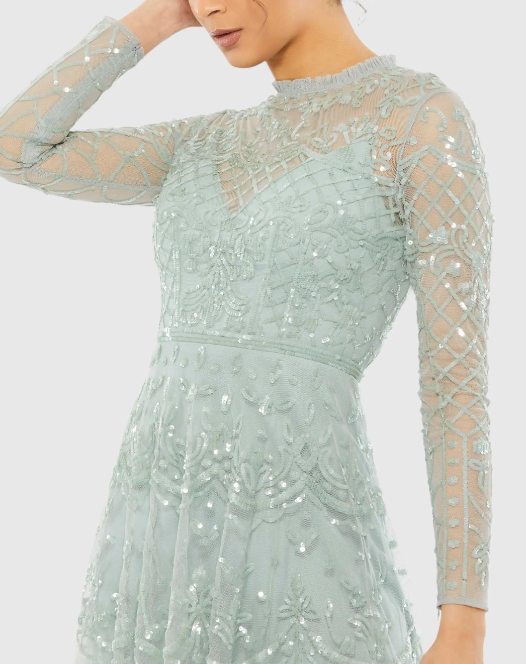 Blue Sequined Illusion High Neck Long Sleeve Midi Dress