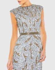 Blue and Gold Embellished Illusion Cap Sleeve Column Gown