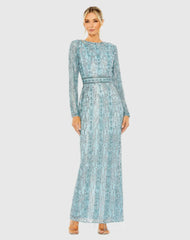 Blue Long Sleeve Beaded Gown with Crystal Fringe