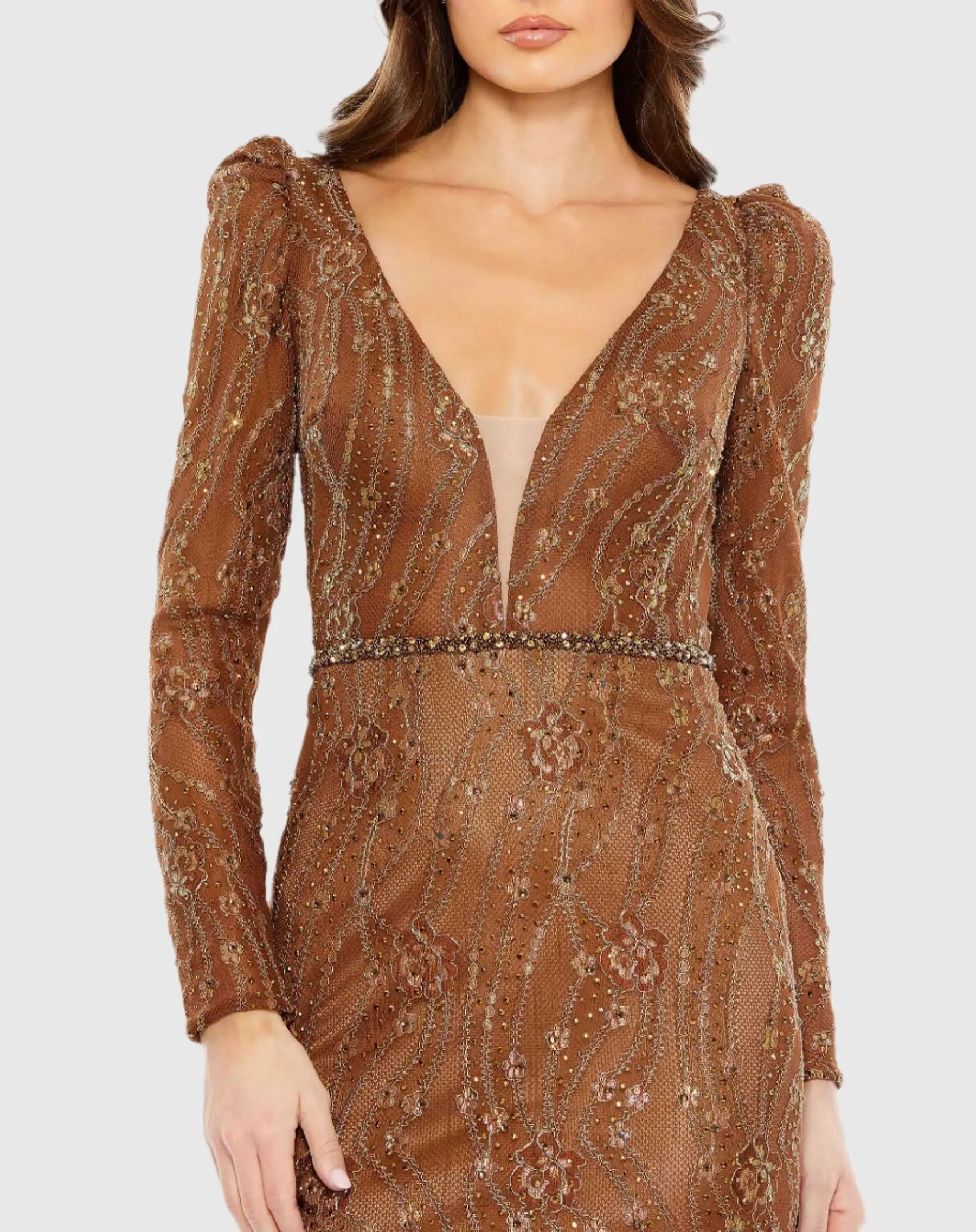 Brown Embellished Long Sleeve Plunge Trumpet Gown - FINAL SALE