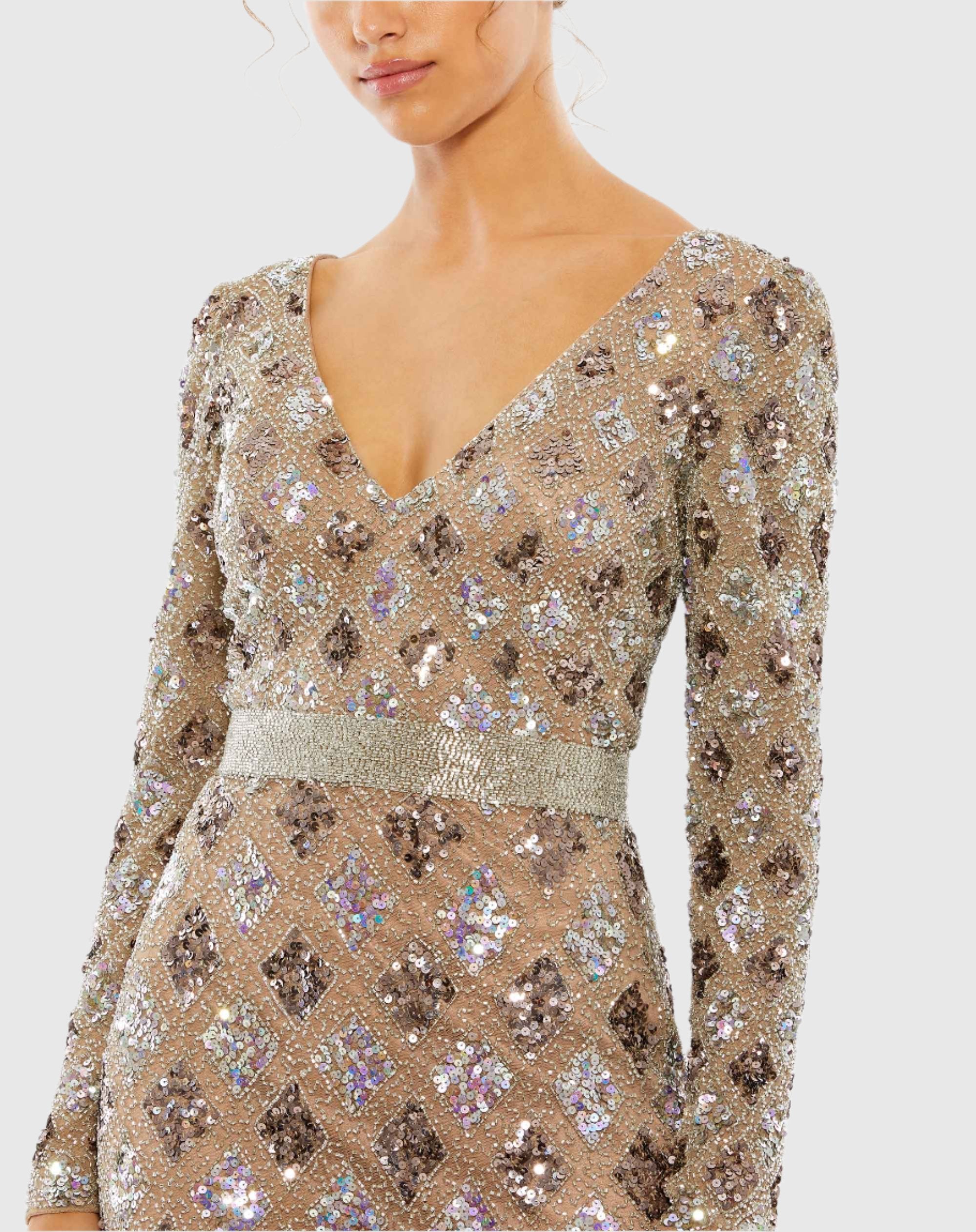Brown Geometric Embellished Evening Gown
