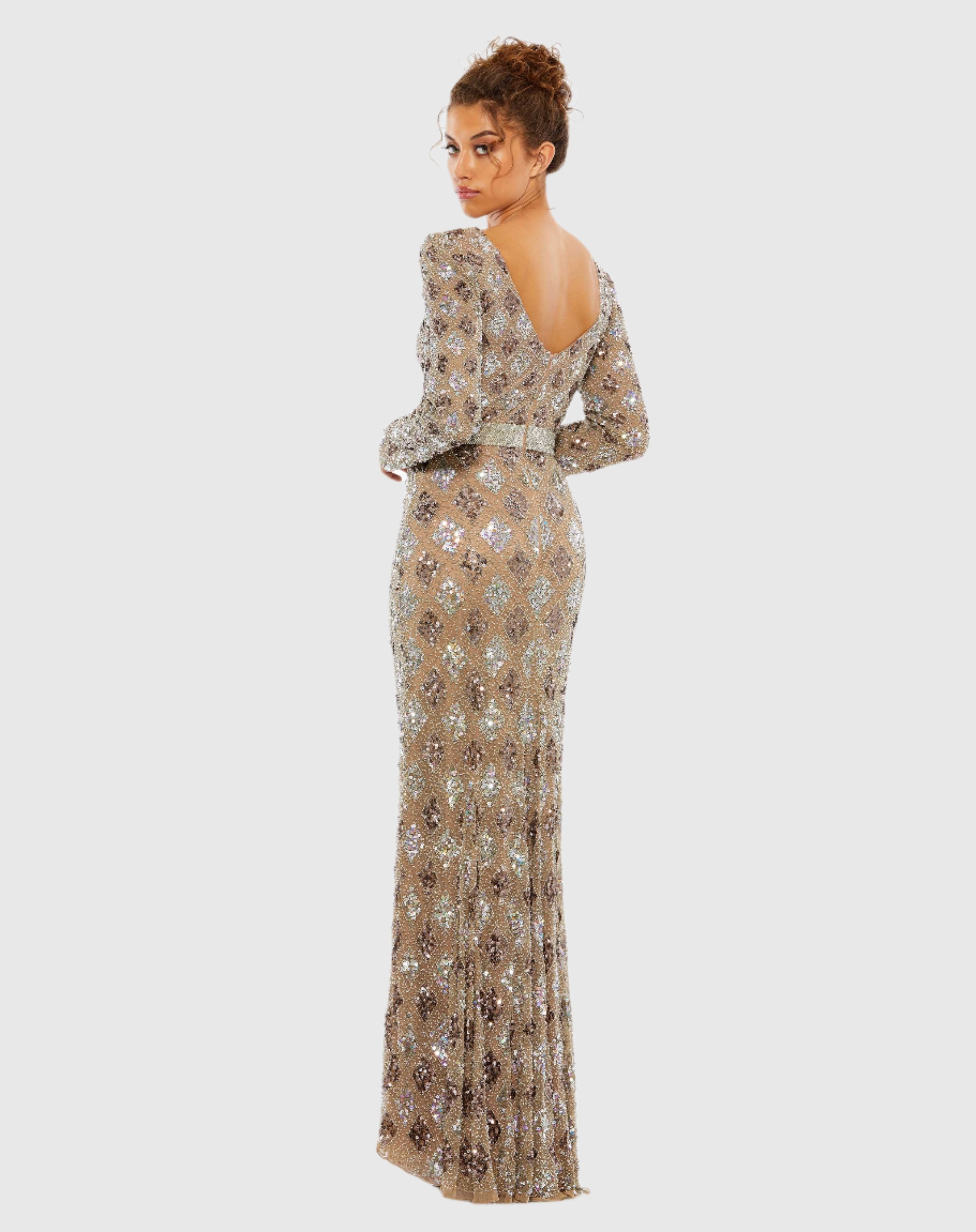 Brown Geometric Embellished Evening Gown