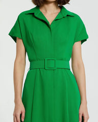 Green Crepe Collared Short Sleeve Midi Dress With Belt